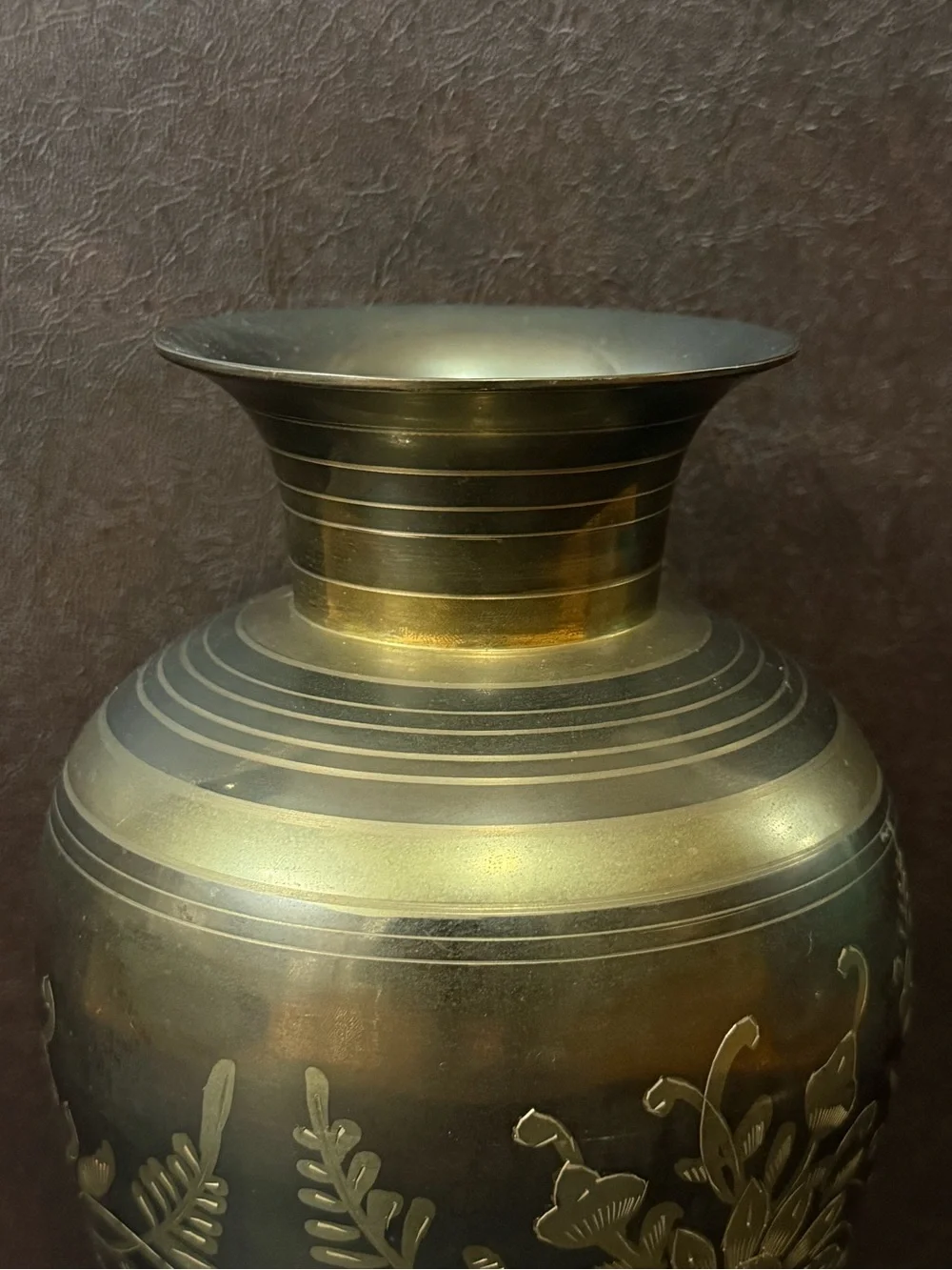 Vintage Engraved Brass Floral Vase Made in India 9”